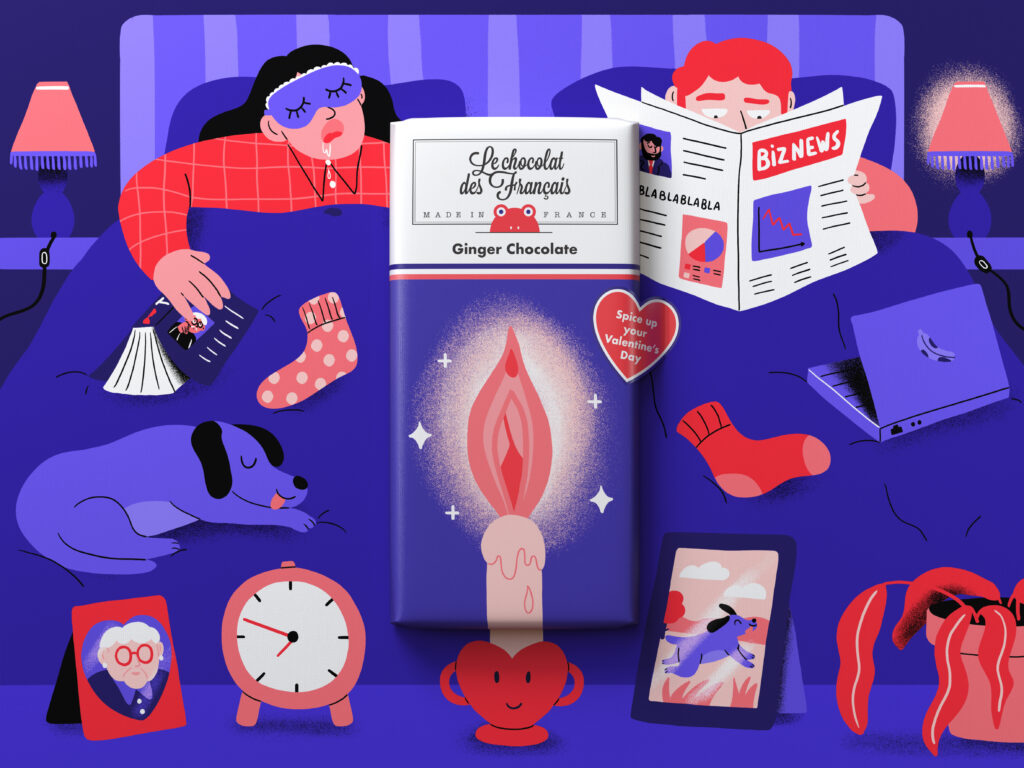 Chocolate packaging of a couple in bed Illustration