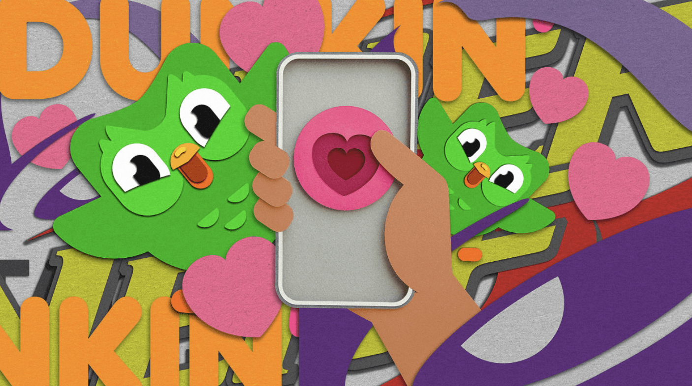 Graphic design image featuring the Duo Lingo Owl, the Dunkin logo, the Taco Bell logo, and a hand holding a phone with a heart symbol in the middle of the screen.