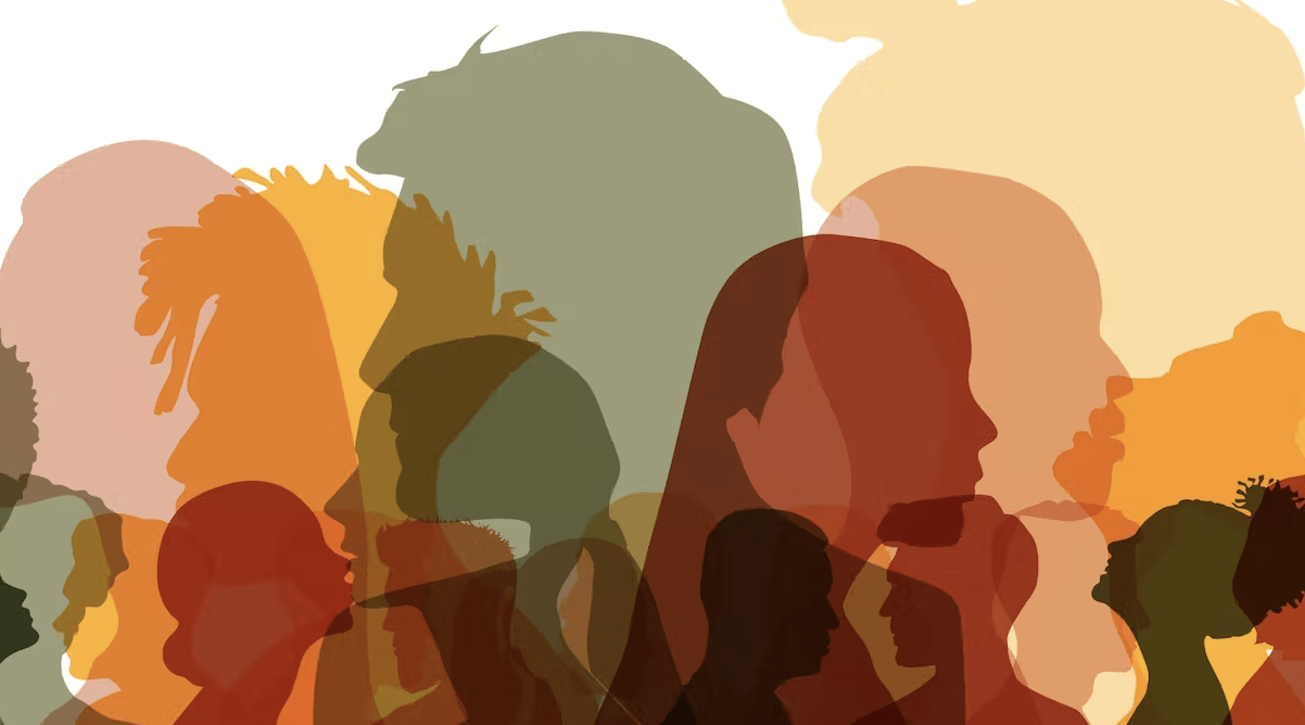 Image illustration of overlapping side profile silhouettes in various colors