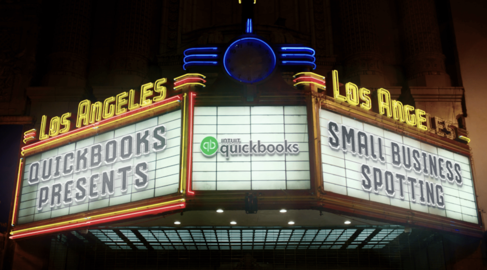Photo of movie theater marquee featuring Quickbooks