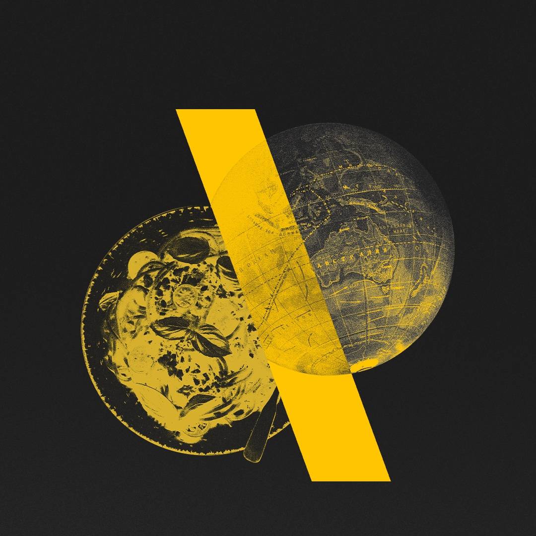 Yellow backslash over a black background and two globes