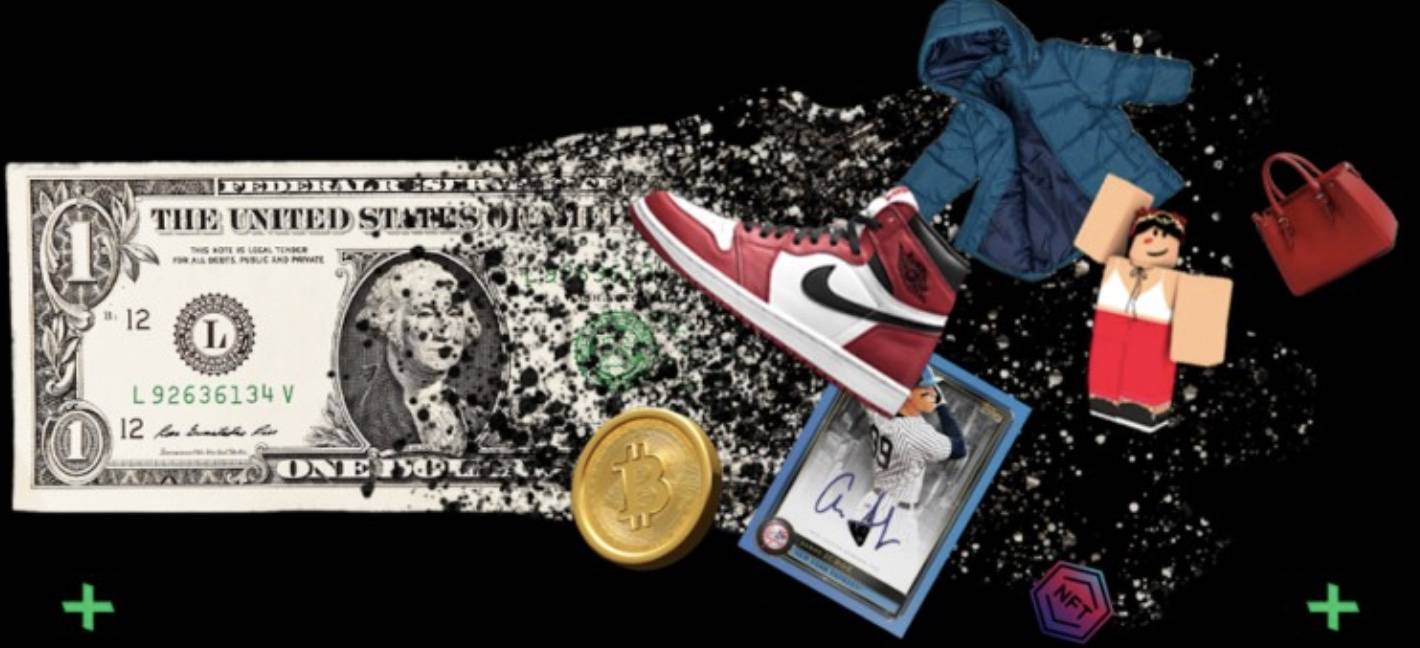 Graphic of a one dollar bill, bitcoin, signed baseball card, jacket, Jordan sneaker, purse, and NFT symbol