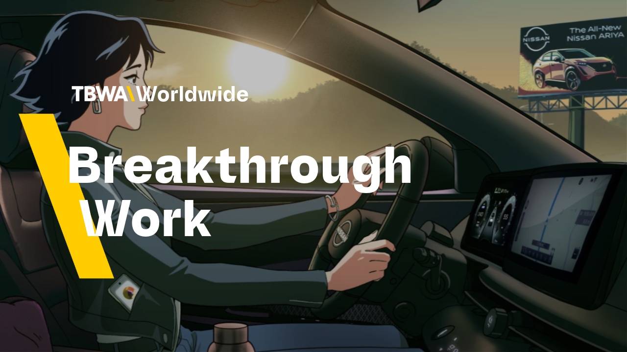 Image of TBWA work featuring the Lofi girl character driving a Nissan, with the title "Breakthrough Work 2023"
