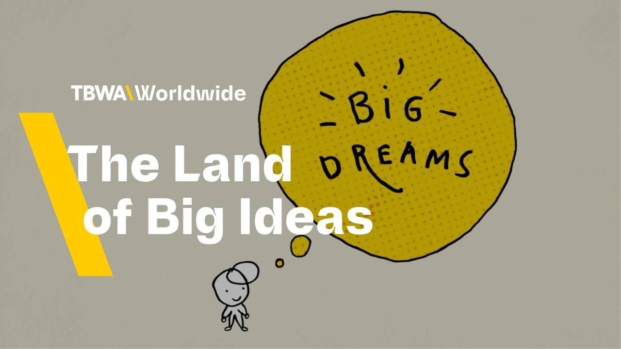A storybook style illustration of a little girl with big dreams, with the title "The Land of Big Ideas"