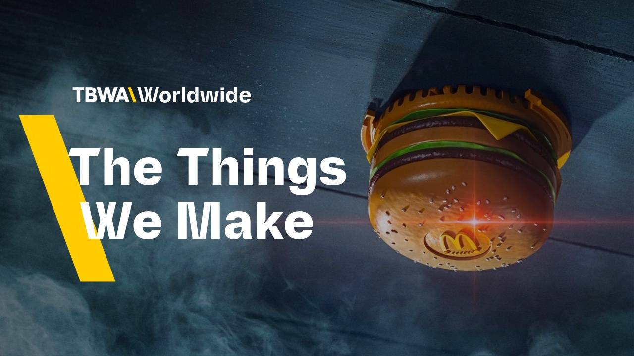 A smoke detector shaped like a Big Mac with the title "The Things We Make"