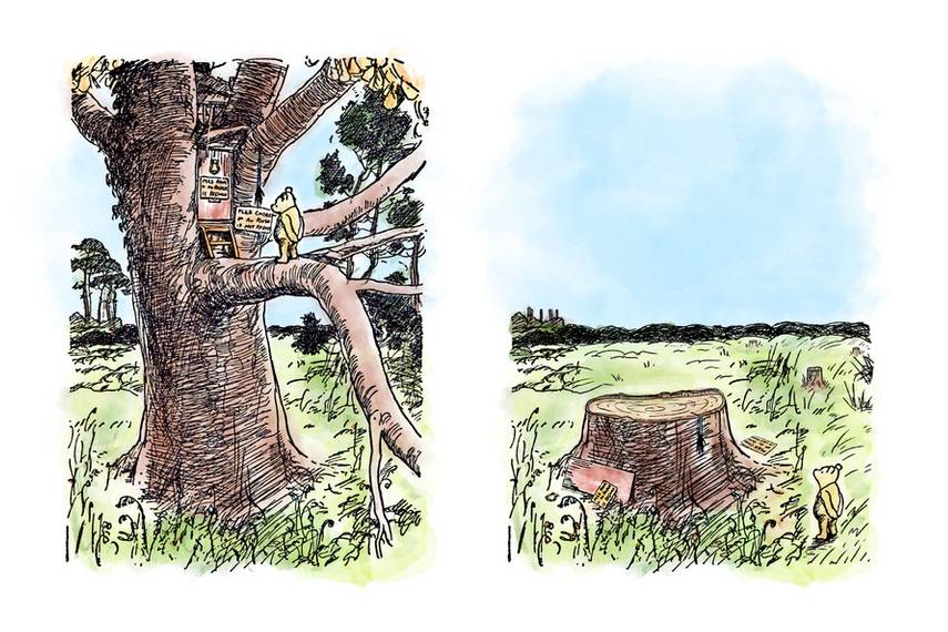 Winnie the pooh on standing in a tree on the left, and standing looking at a stump on the right
