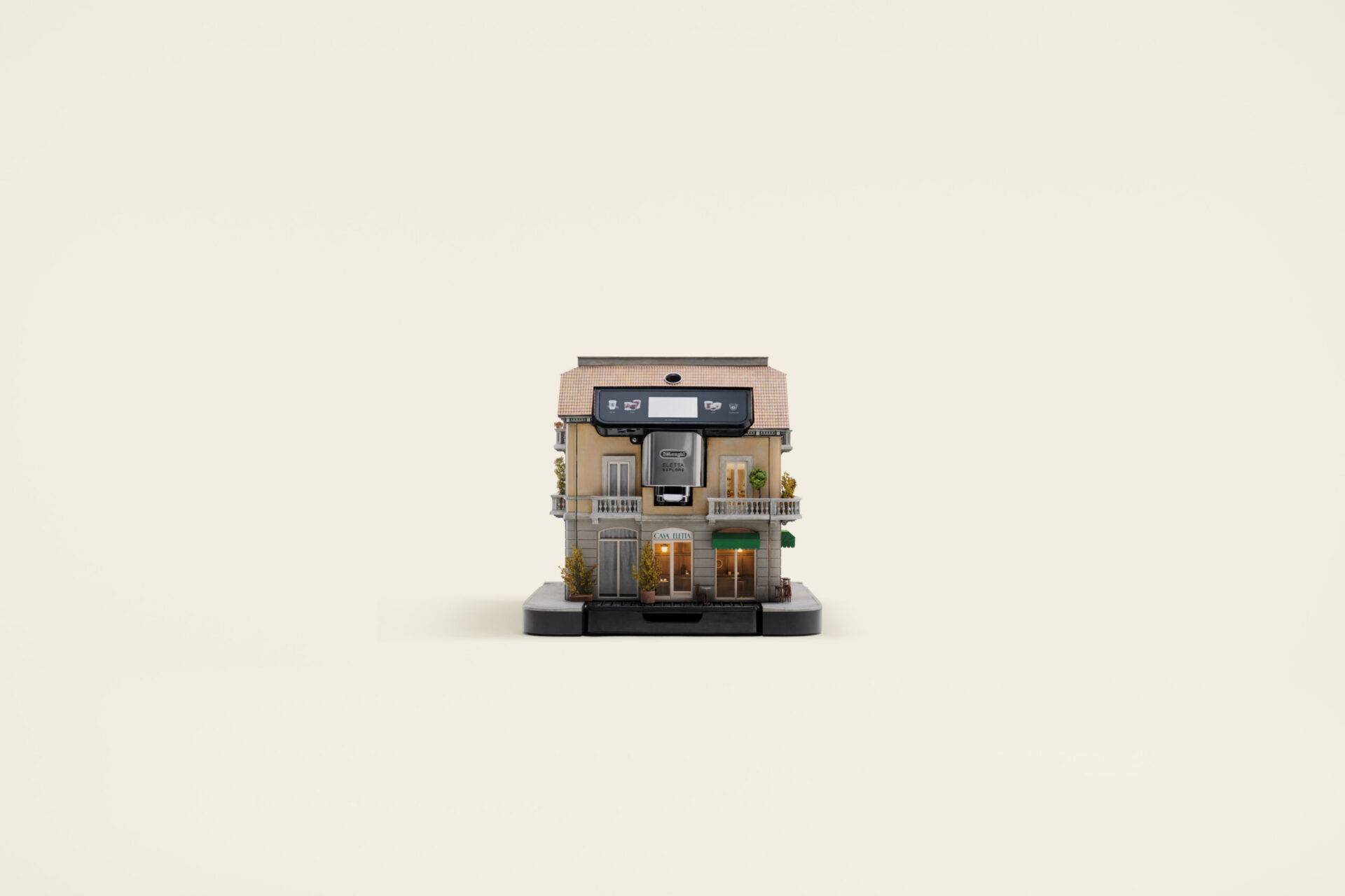 A small coffee machine is designed and built like a Japanese coffee shop.