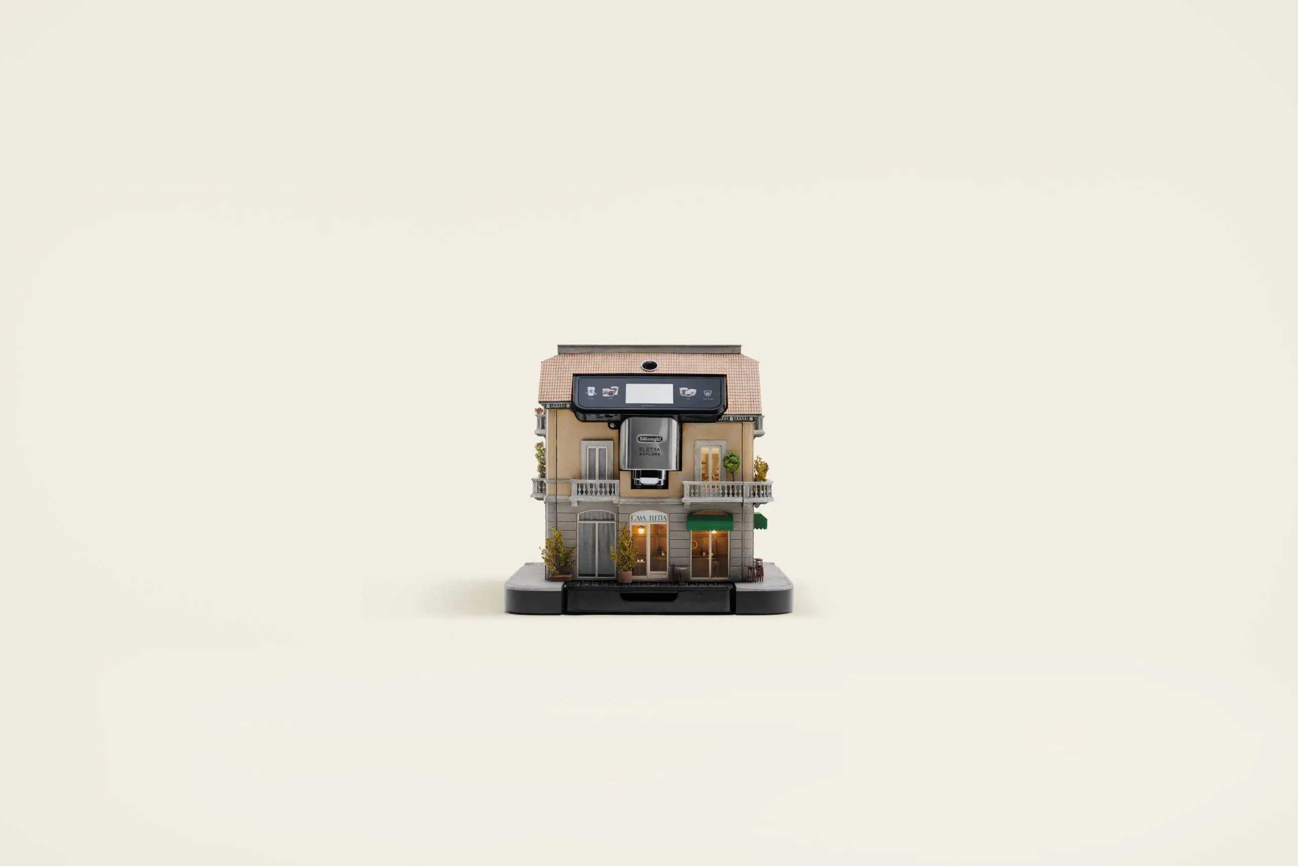 A small coffee machine is designed and built like a Japanese coffee shop.
