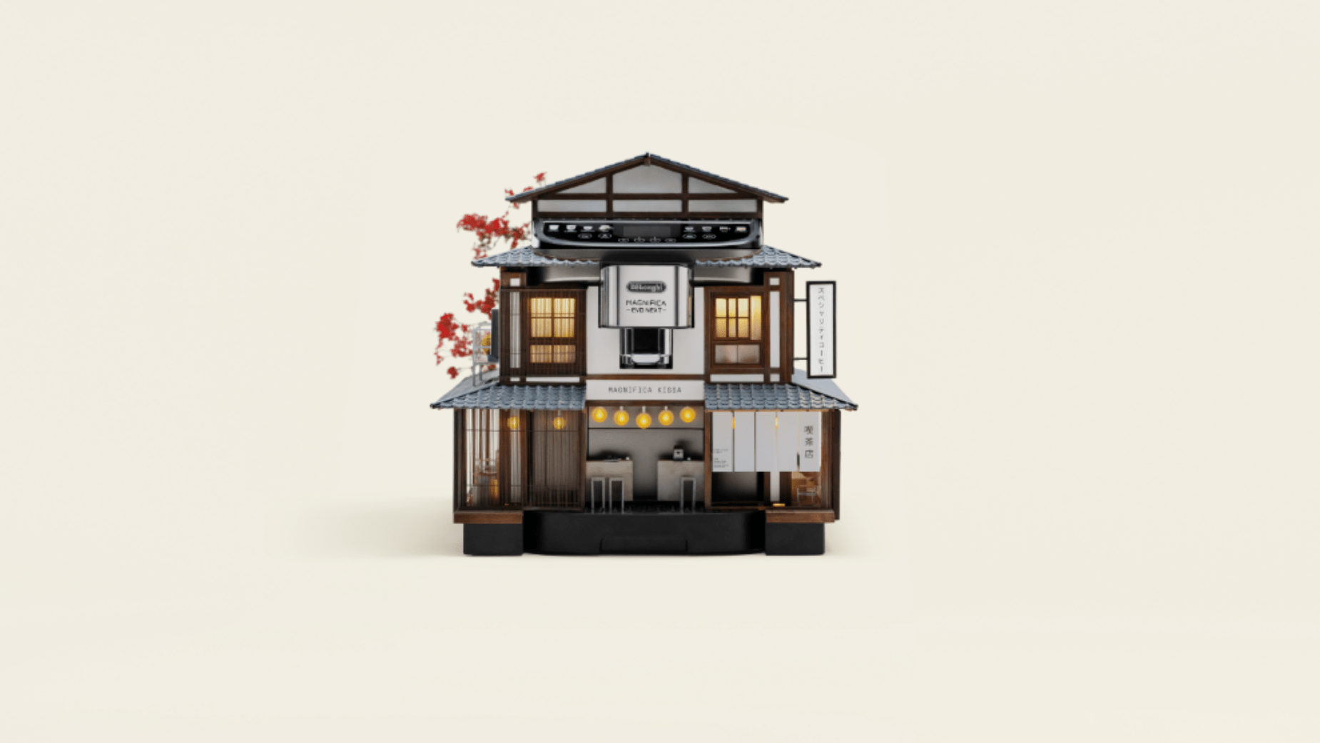 A small coffee machine is designed and built like a Japanese coffee shop.