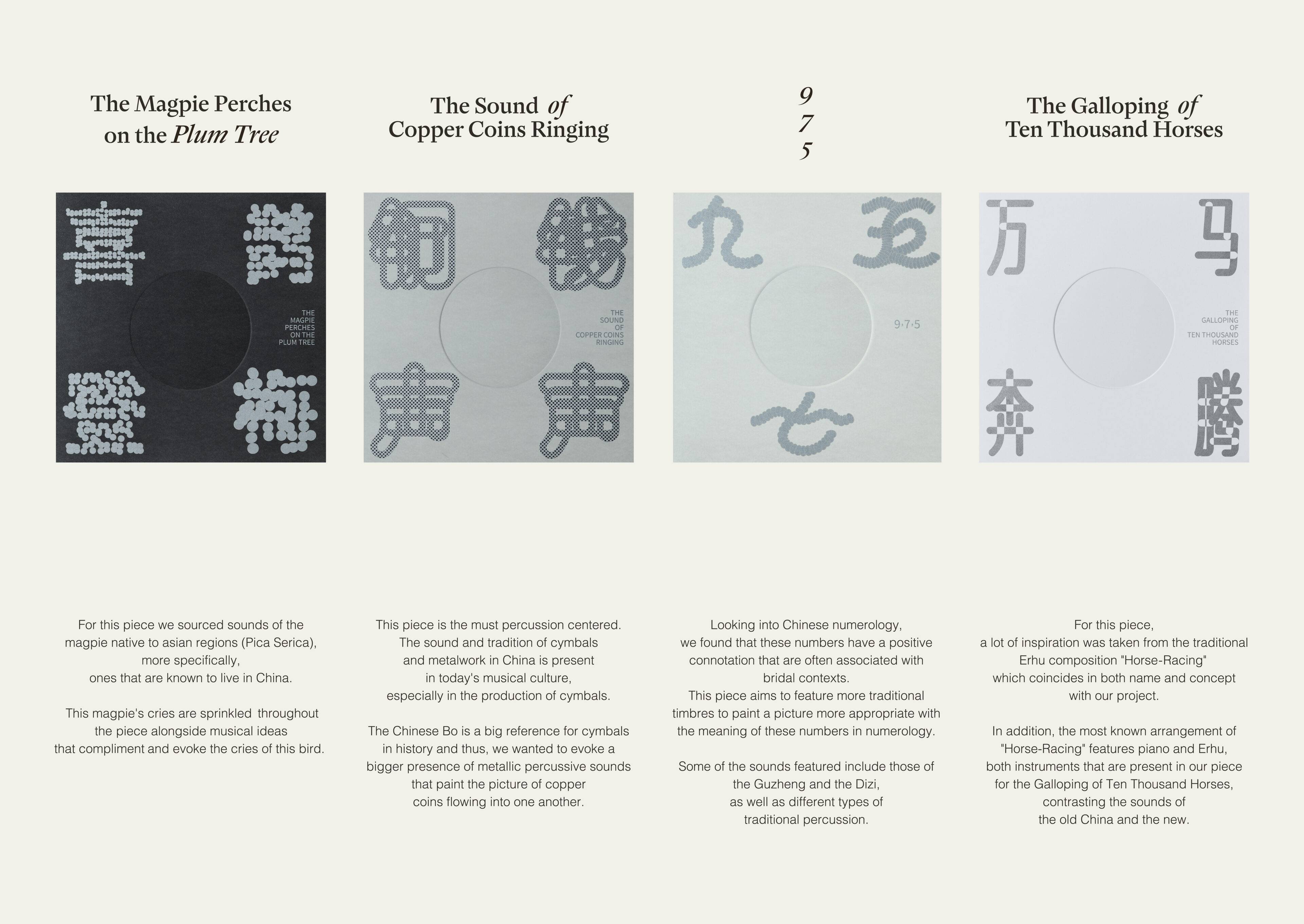 Custom designed album art and written backgrounds for the major tracks of The Yangzhou Qiao Bei Musical Suite by TBWA China