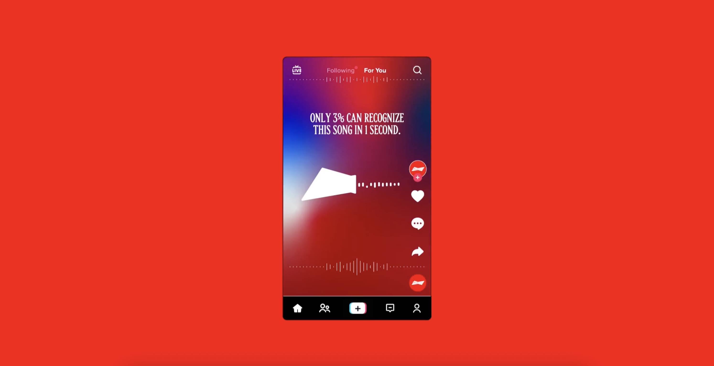 A phone screen with a song playing, that reads "only 3% can recognize this song in one second"